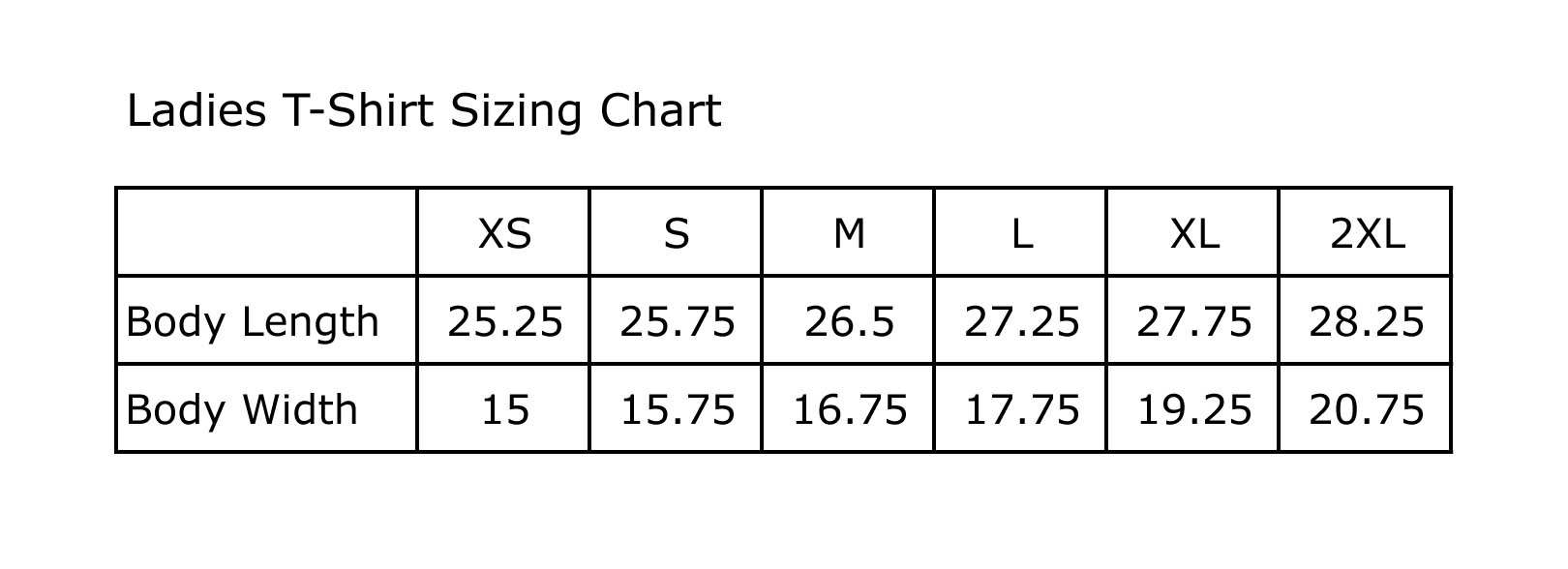 Ladies T Shirt Size Chart