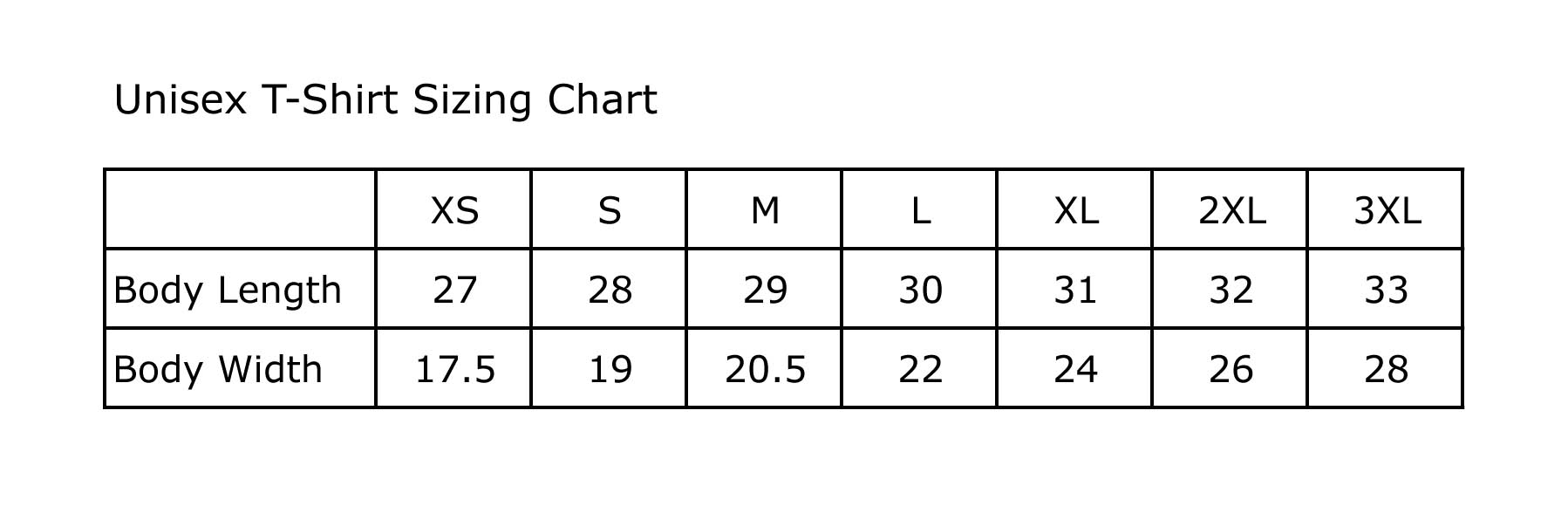 Unisex T Shirt Size Chart